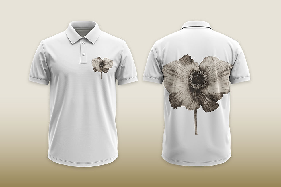 White polo shirt with front and back floral graphic design, Tanzitex Studio.