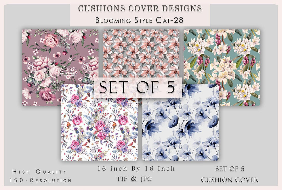 थंबनेल: Cushion cover designs, Blooming Style, set of 5, 16 inch by 16 inch, TIE & JPG.