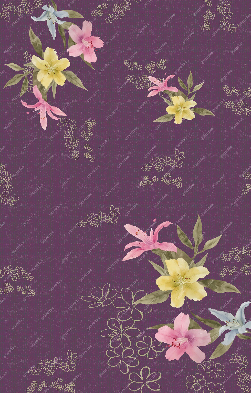 Watercolor florals on purple background, featuring pink and yellow lilies.