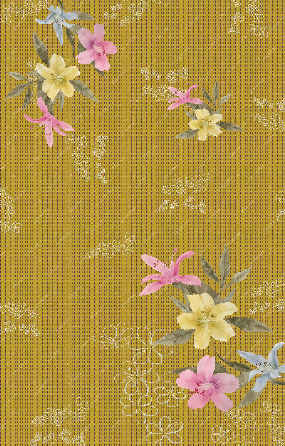 Watercolor Florals on Mustard TZFD Suit 607 D with floral design and Tanzitex Studio.