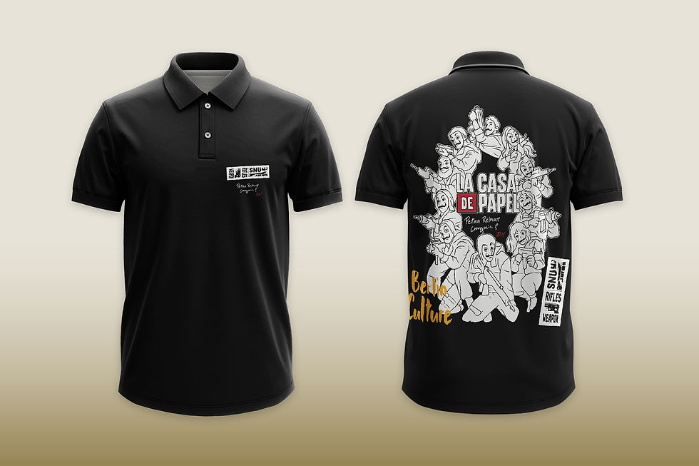 Black polo shirt with front and back design, CASA DE PAPEL visible text.
