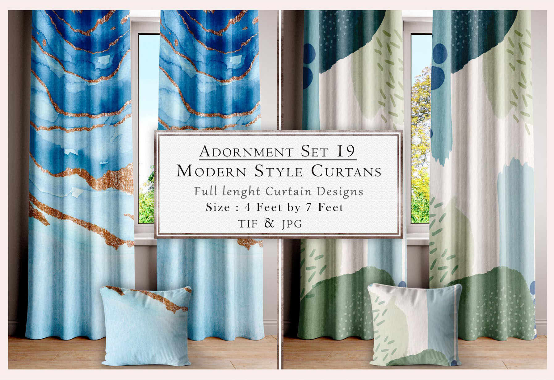 Adornment Set 19 Modern Style Curtains, full-length curtain designs, TIFF and JPG files.