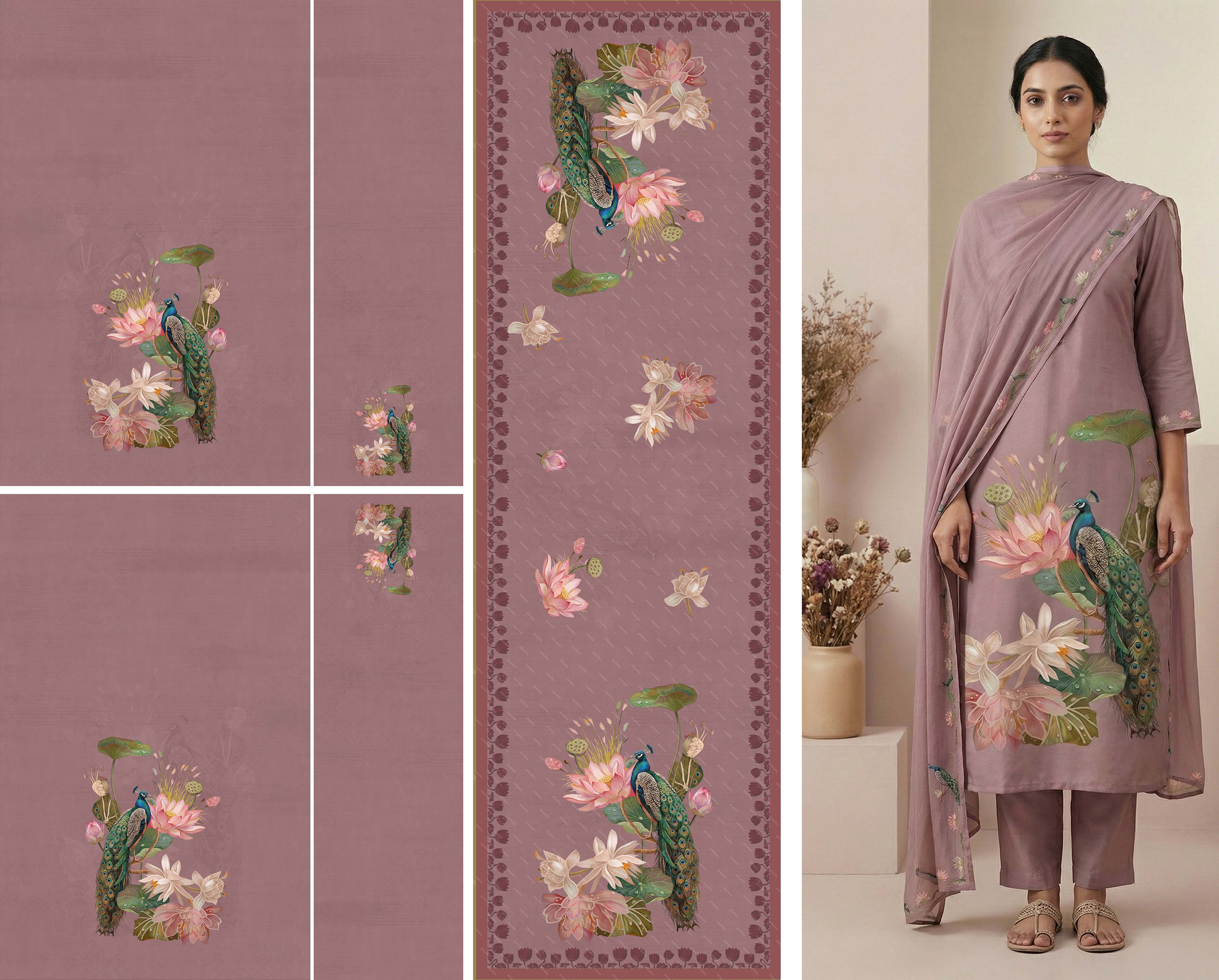 Royal Peacock Lotus Placement Ethnic Digital Suit Design – 4 Colorways TZST 1013
