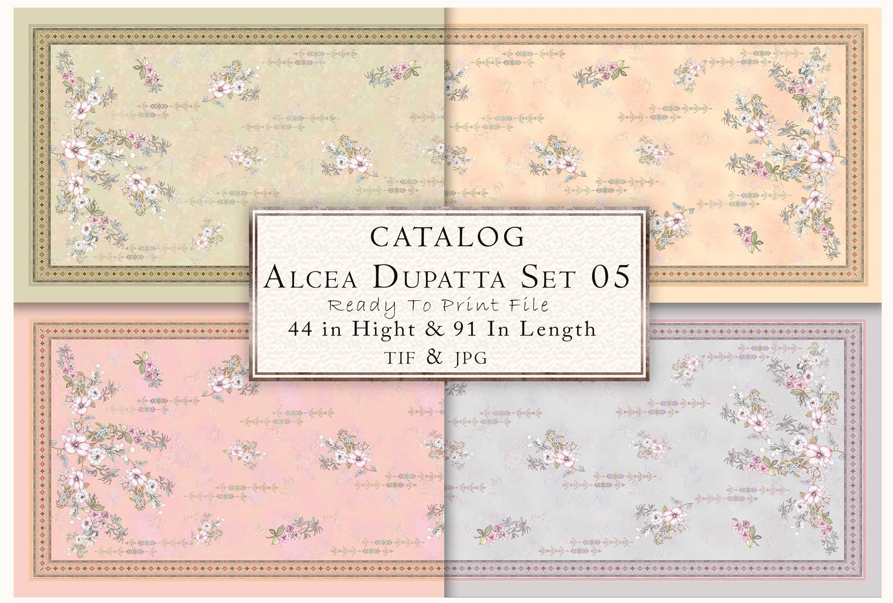 Catalog Alcea Dupatta Set 05, Ready to Print File, Vintage Tile Motif Digital Pattern TZSRT 5004 design