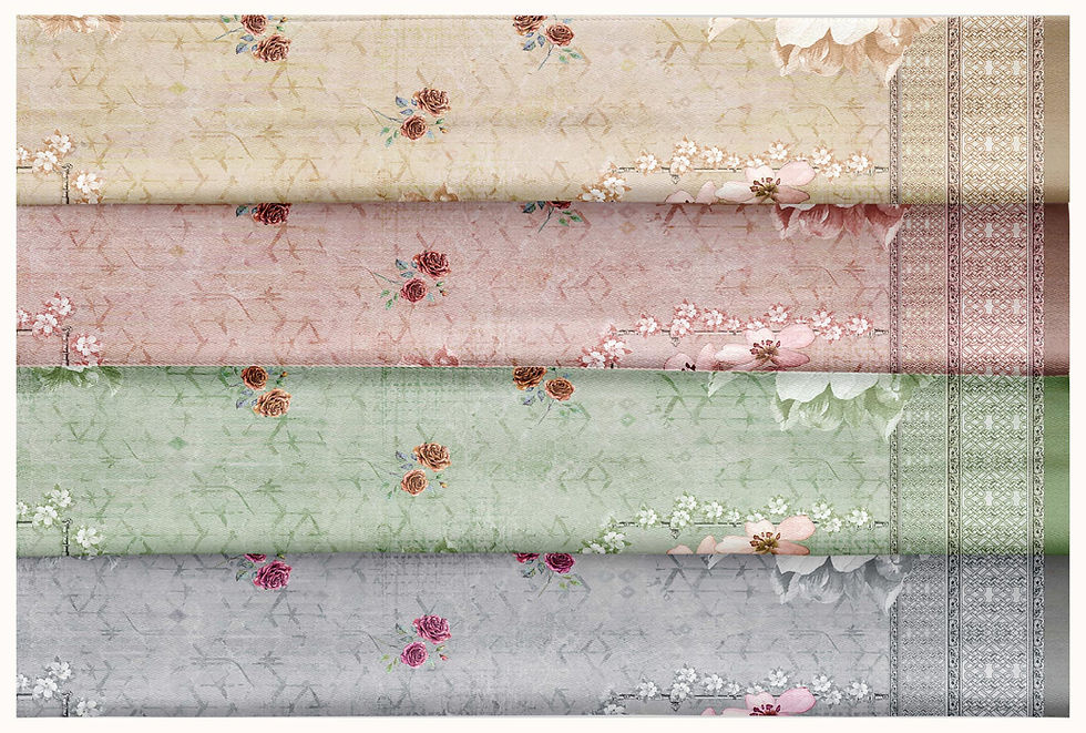 थंबनेल: Floral patterned fabric rolls in various colors, vintage style background.