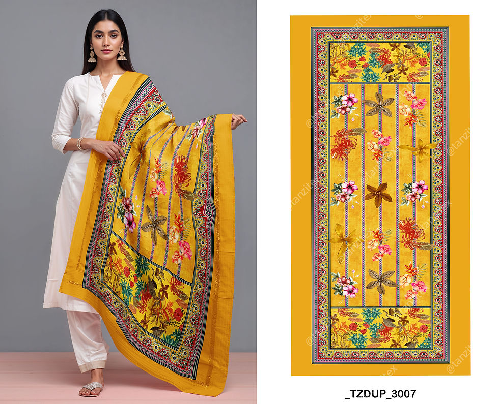 Woman in white suit with yellow printed dupatta, floral design. TZDUP_3007 Tanzitex Studio