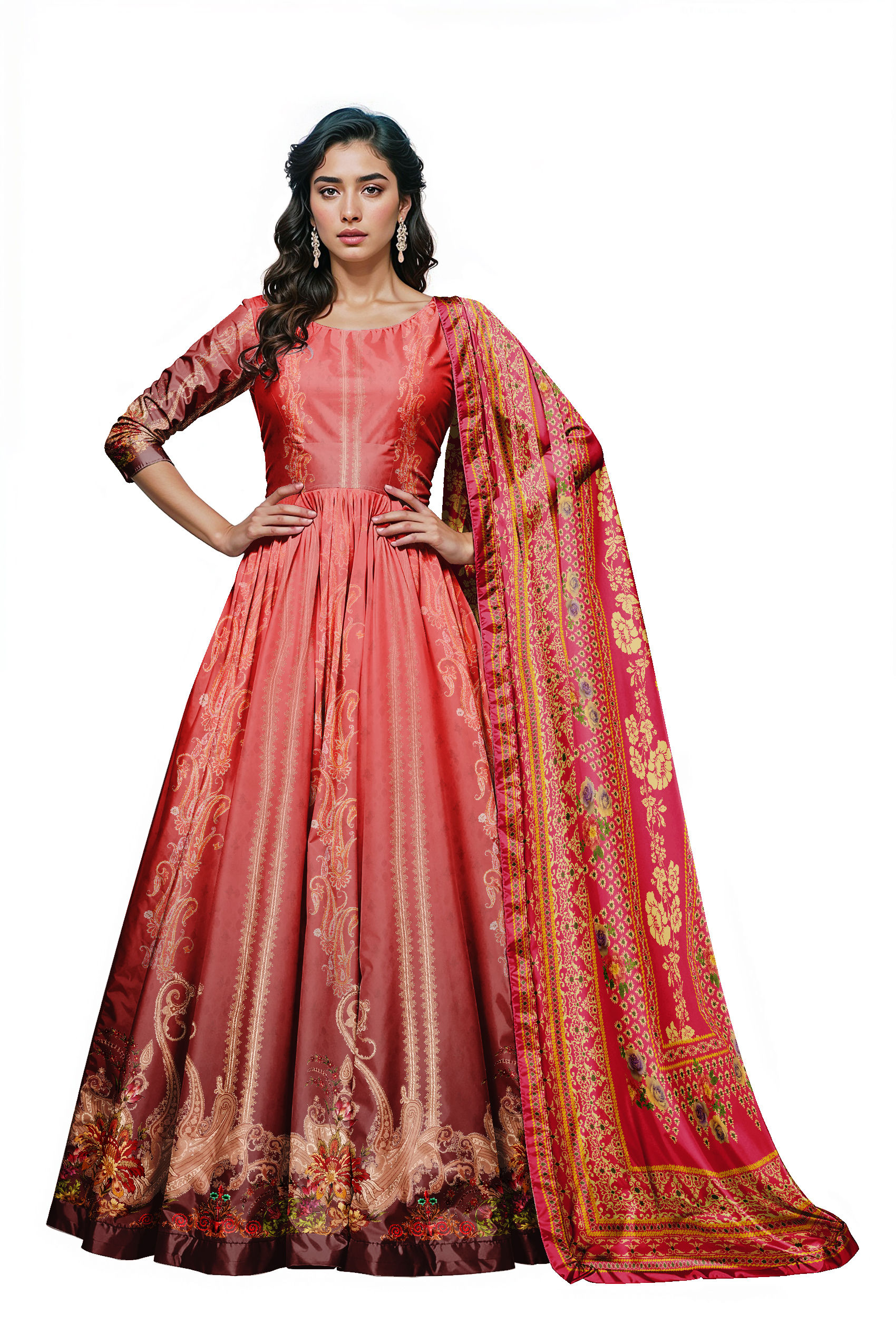 Elegant woman in red gown posing; floral print detail, Tanzitex Studio.