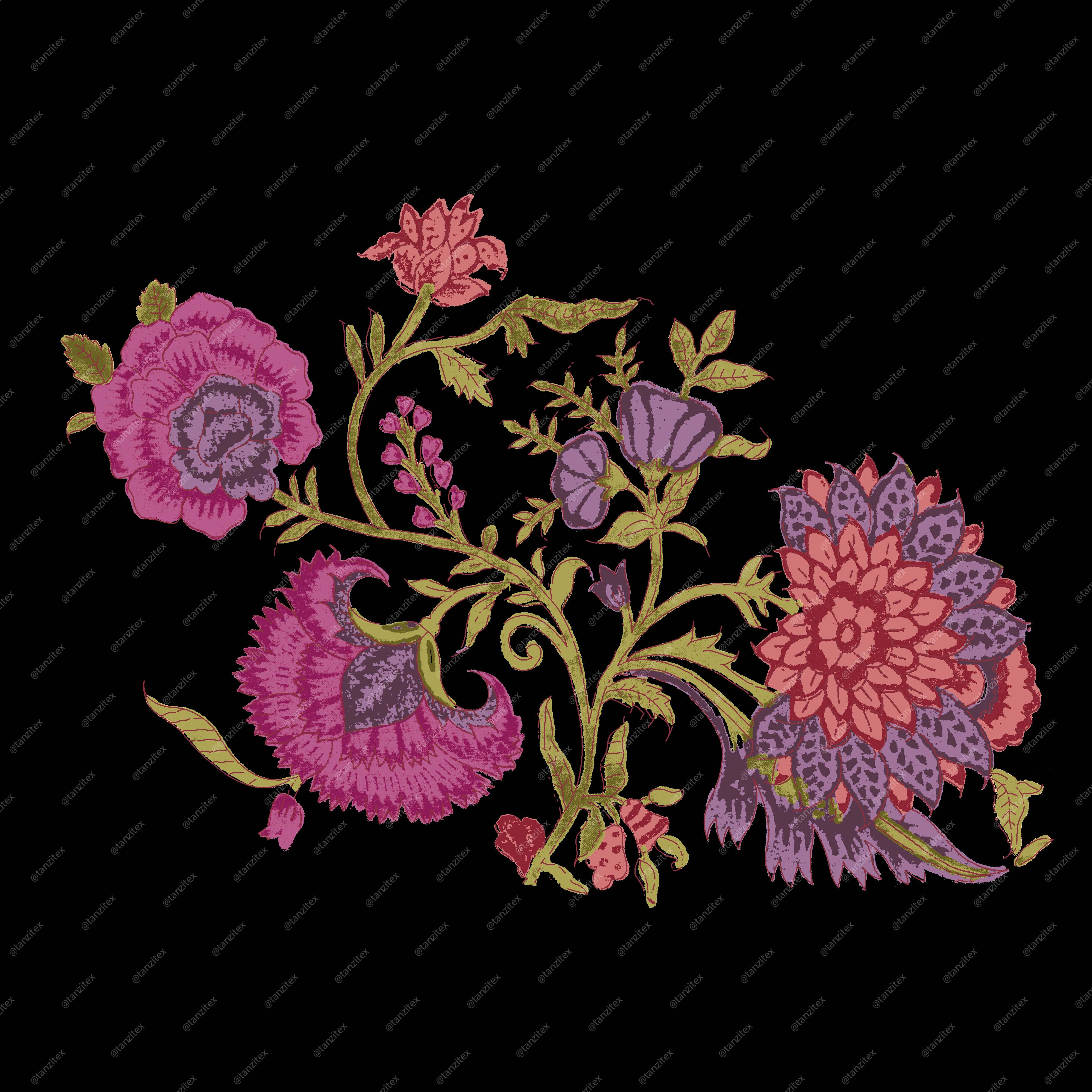 Floral design on black background, Tanzitex Studio. Pink, purple, and gold flowers.
