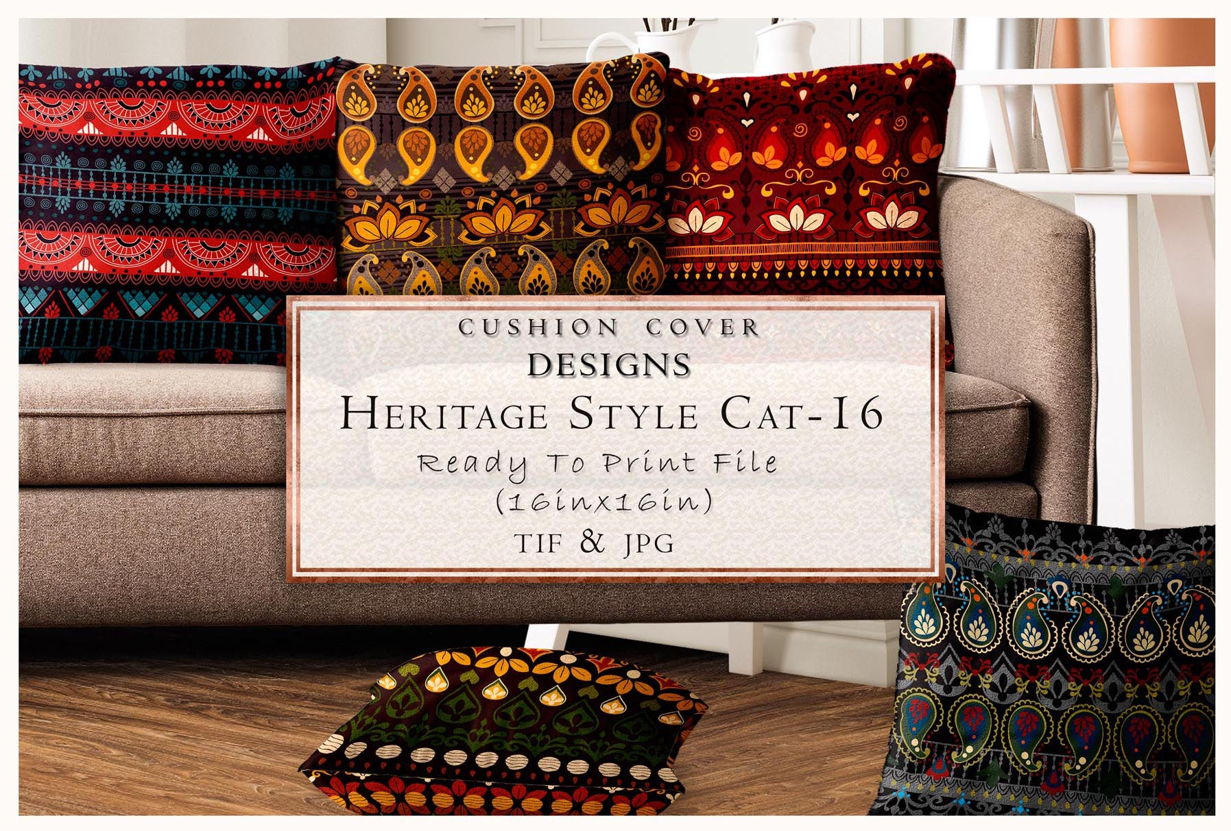 Cushion cover designs with Heritage Style CAT-16 print ready file for sale.