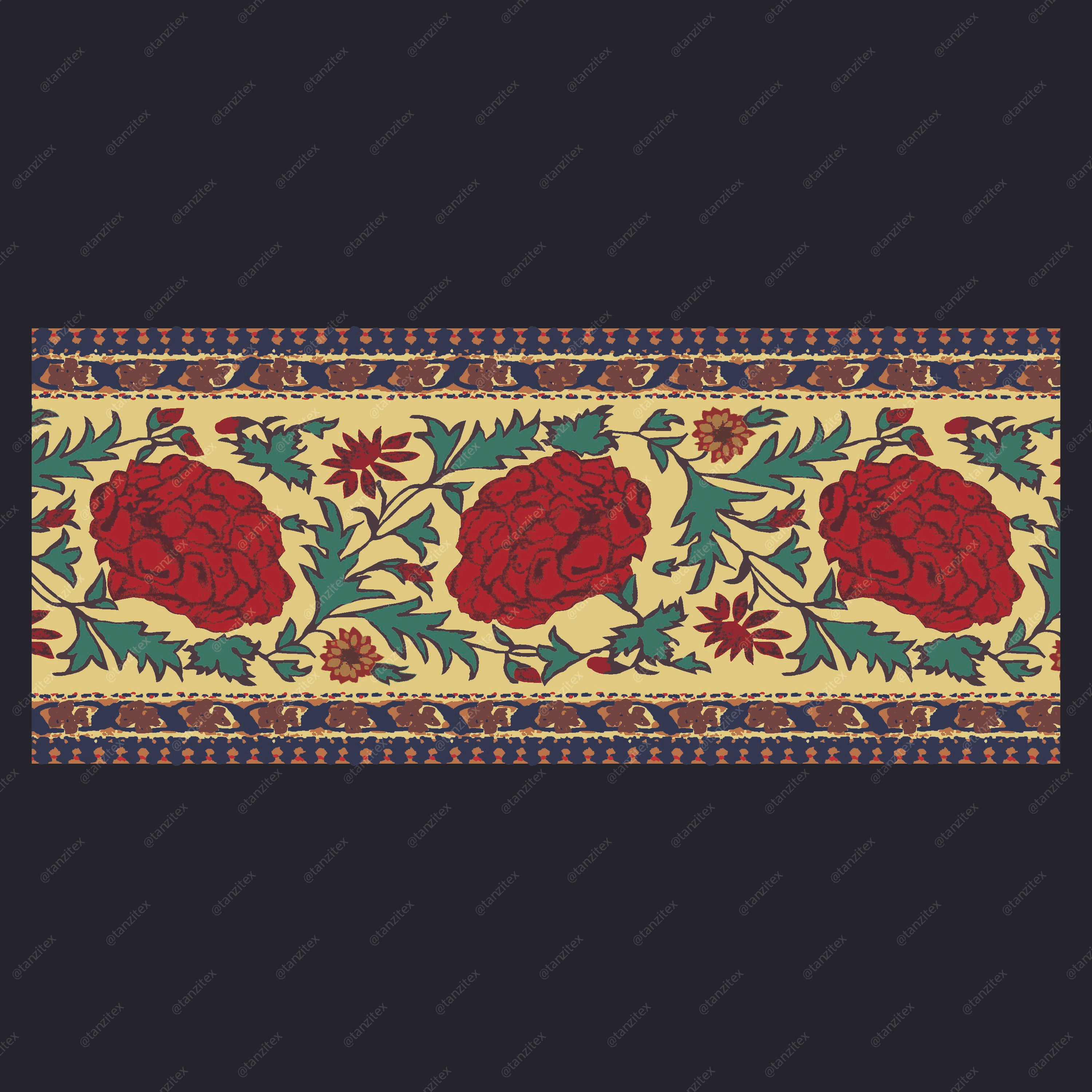 Floral pattern with red flowers and green leaves on cream colors background.