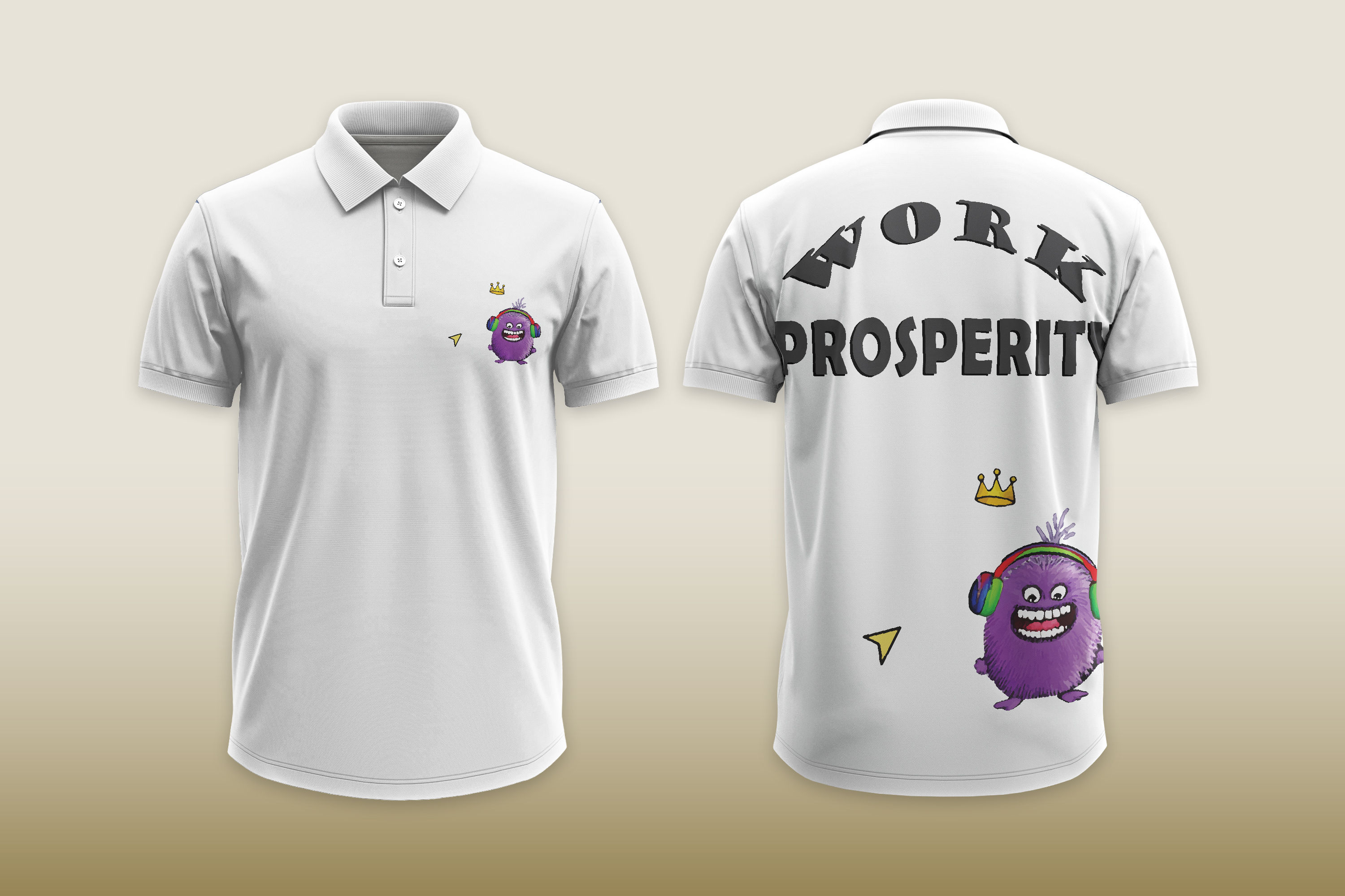 White polo shirt with WORK PROSPERITY text and cartoon character illustration