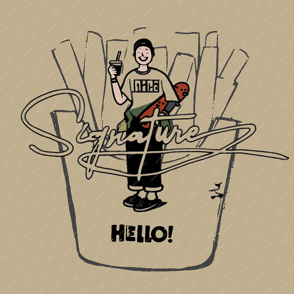 थंबनेल: Graphic of a person in french fry carton with text Signature and Hello!