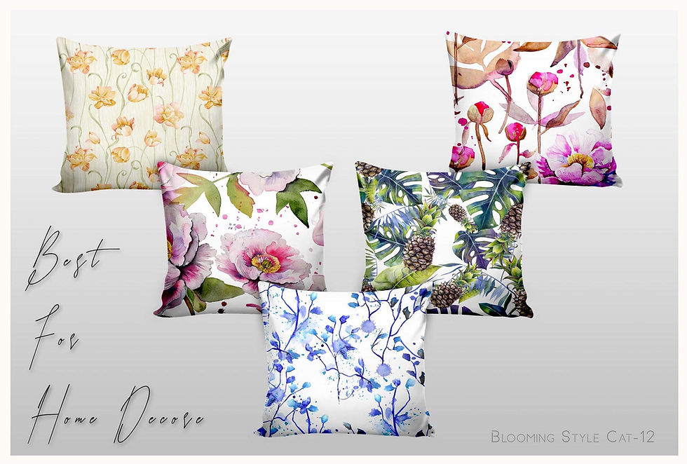 Floral pattern throw pillows displayed; pink flowers, blue leaves, and design elements.