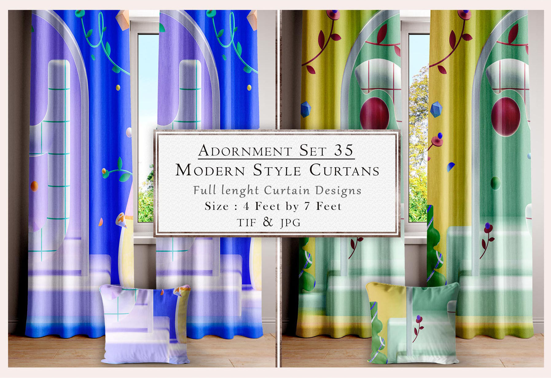 Adornment Set 35 modern style curtains, full length curtain designs size 6 feet by 7 feet Tanzitex Studio