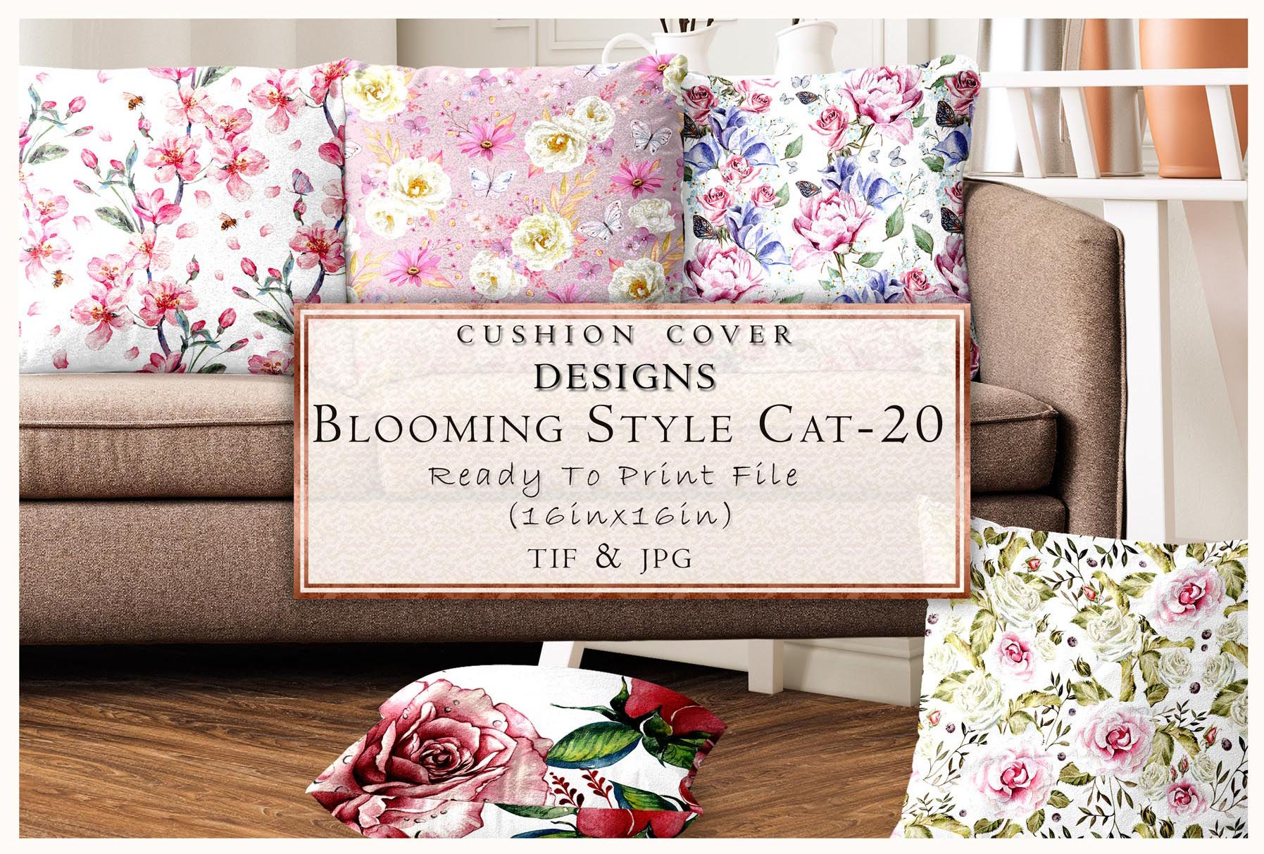 Cushion cover designs, Blooming Style CAT-20 ready to print file, TIF & JPG. Tanzitex Studio