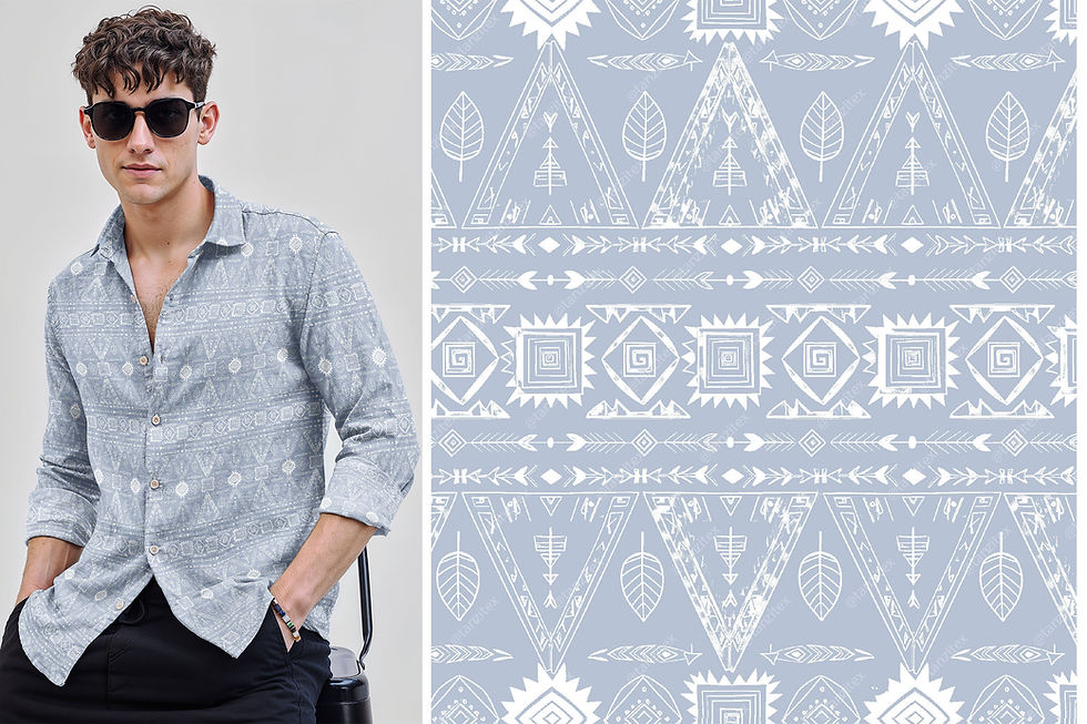 Thumbnail: Man wearing Botanical Silhouette Digital Shirt TZSRT 5296. Blue patterned shirt, looking away.