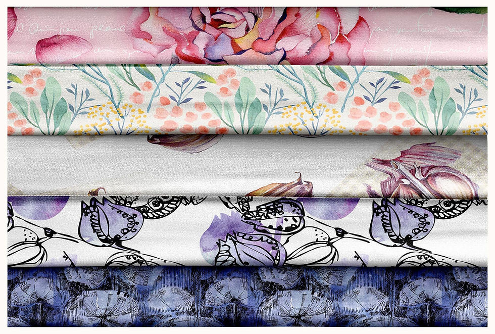 थंबनेल: Watercolor floral fabric textiles in various floral patterns and colors for design