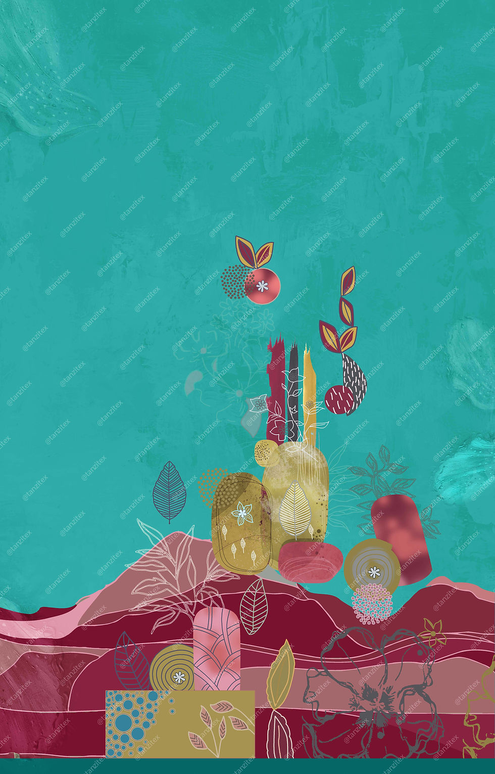 Abstract floral design on turquoise background, Tanzitex Studio. Watercolor Florals details.