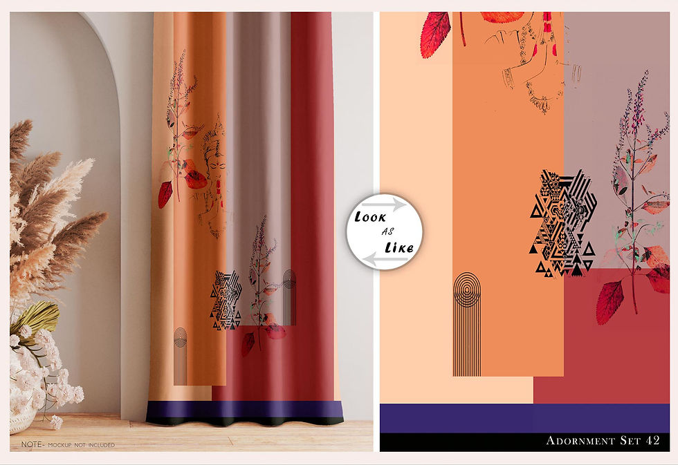 Orange and red curtains with floral design; 
