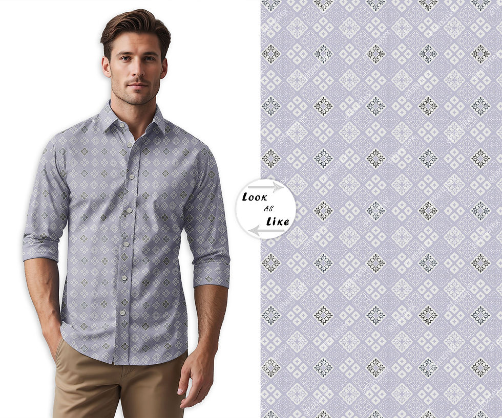 थंबनेल: Man in patterned shirt and floral design, Easy or Fine, Tanzitex Studio.