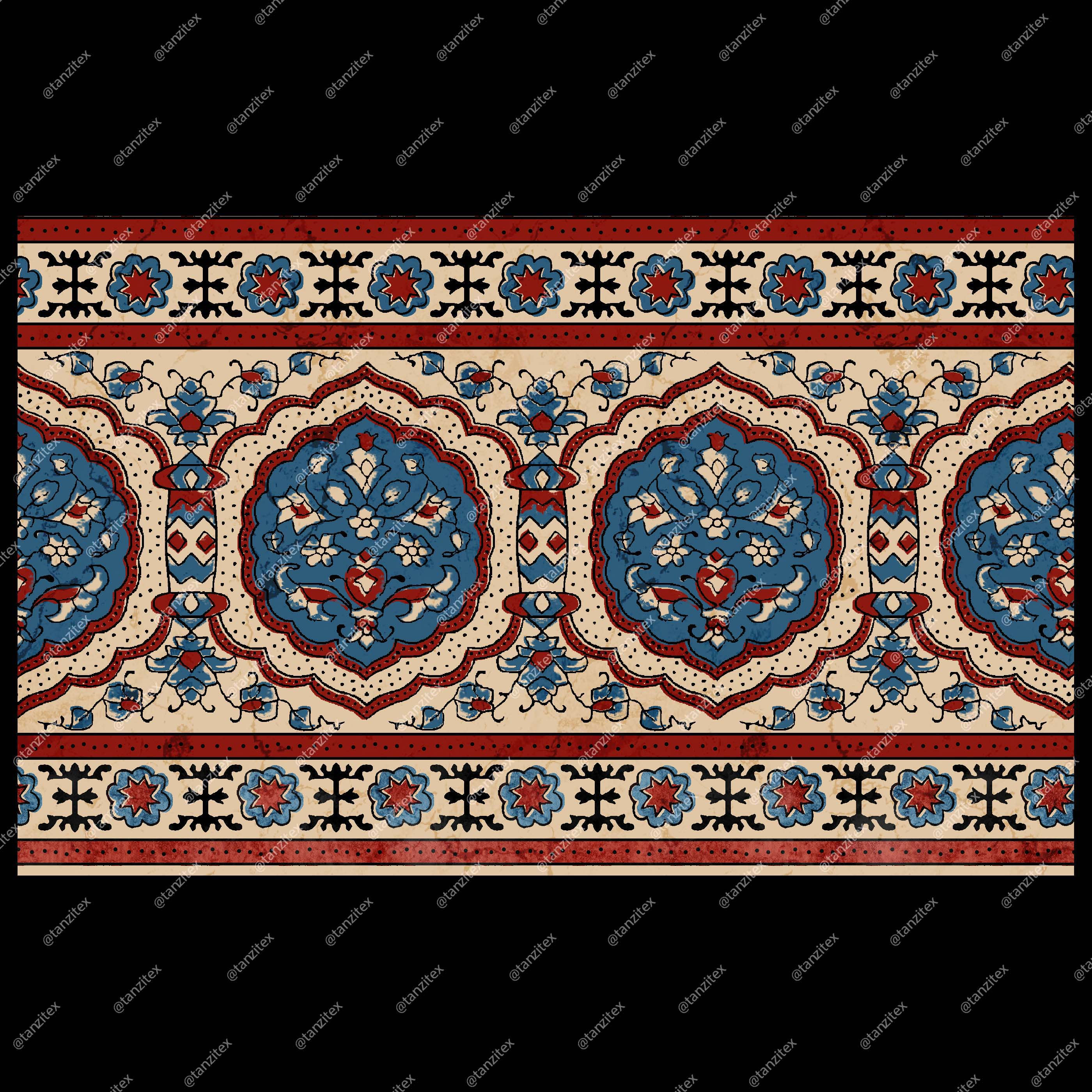 Blue floral design on cream and red, decorative border; Tanzitex Studio