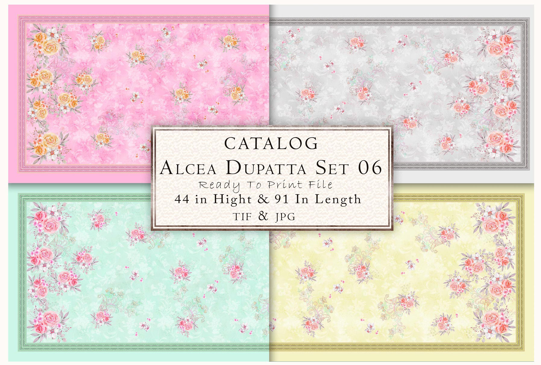 Catalog Alcea Dupatta Set 06 with 44 in Hight & 91 Is Length TIF & JPG details.
