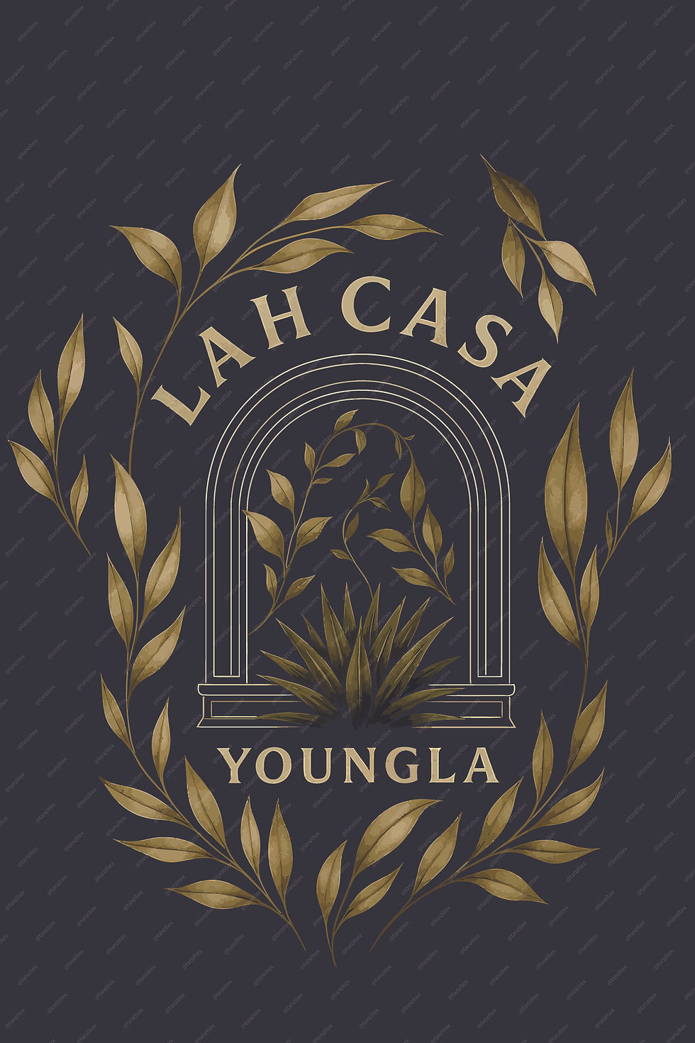 थंबनेल: Lah Casa Youngla logo, gold leaves and detailed arch design on background.