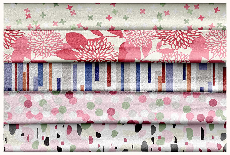 Thumbnail: Various fabric patterns with floral, dotted, and geometric designs TZSRT 5002 Tanzitex Studio.