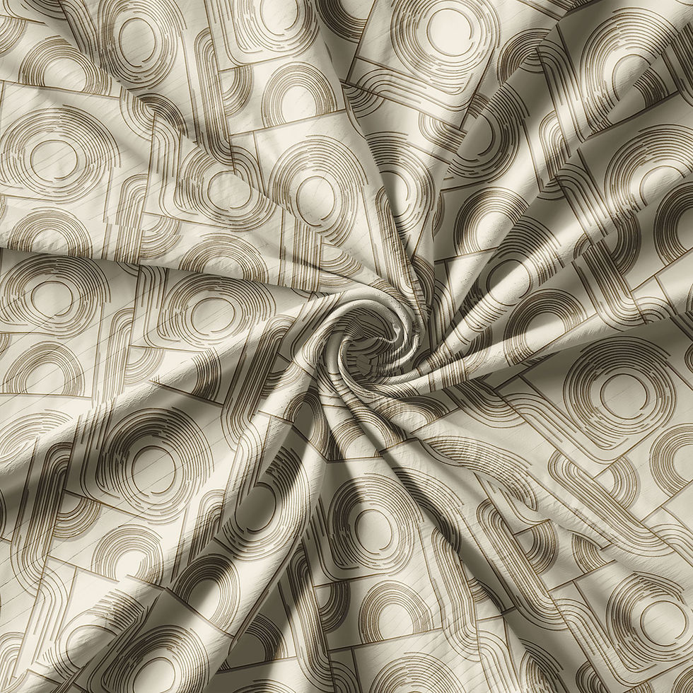 Thumbnail: Beige fabric with repeating geometric patterns, twisted into a spiral.