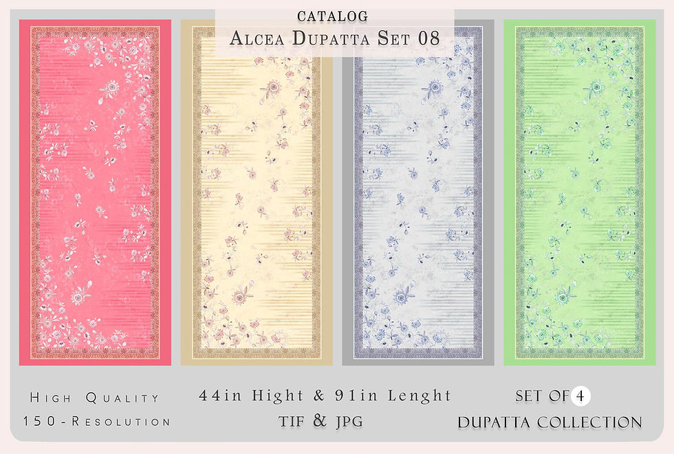 थंबनेल: Alcea Dupatta Set 08, colorful floral design, 44in Hight & 91in Lenghi JPG TIF Tanzitex Studio