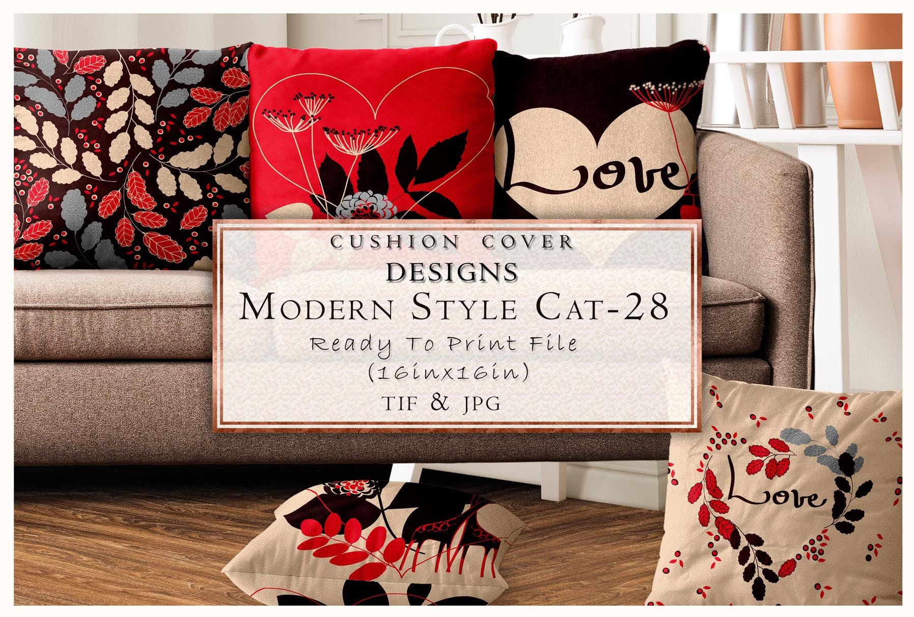 Cushion covers with modern designs and text, ready to print file CAT-28 Tanzitex Studio.