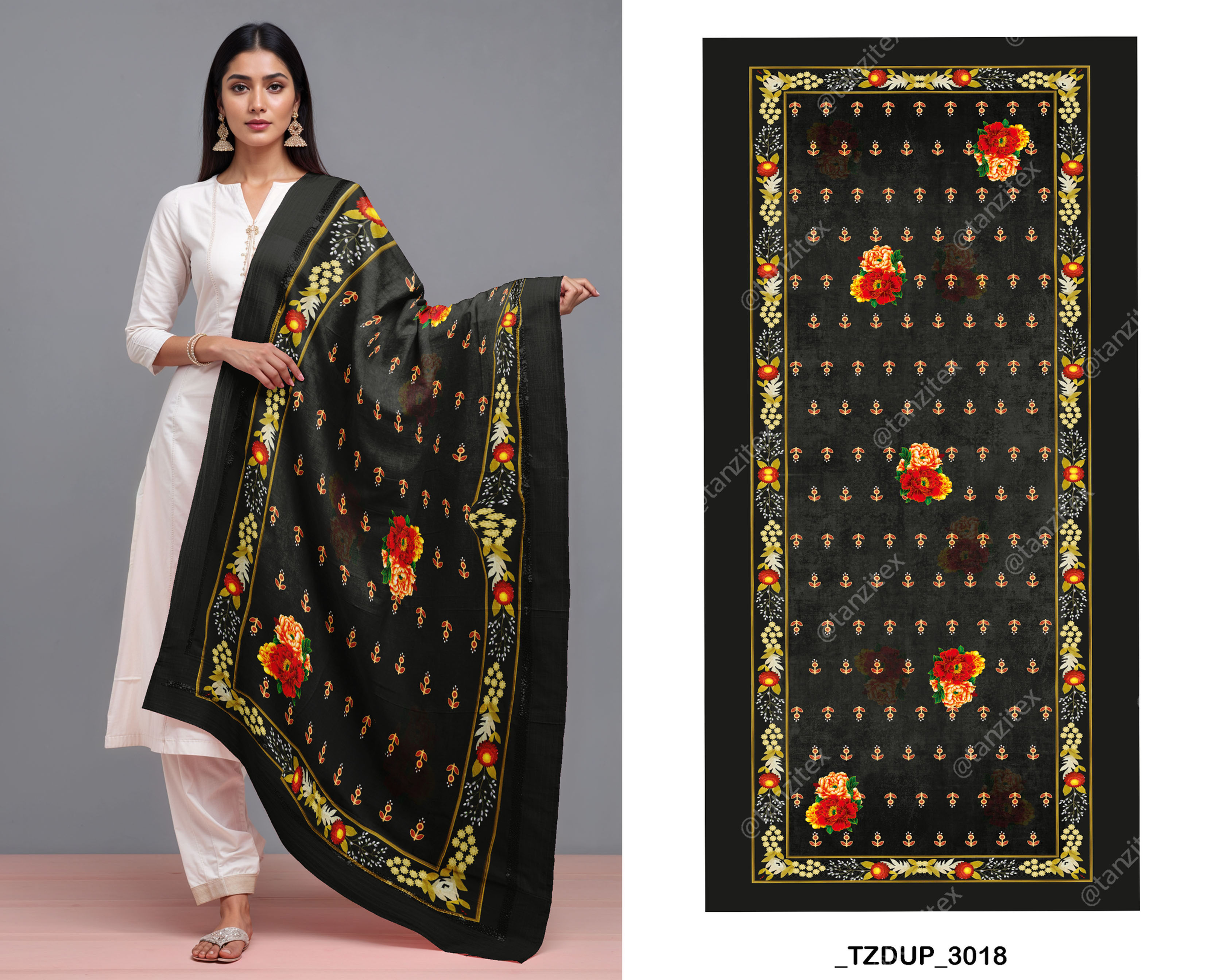 Black Marigold Handpaint Dupatta Digital Design TZDUP 3027
