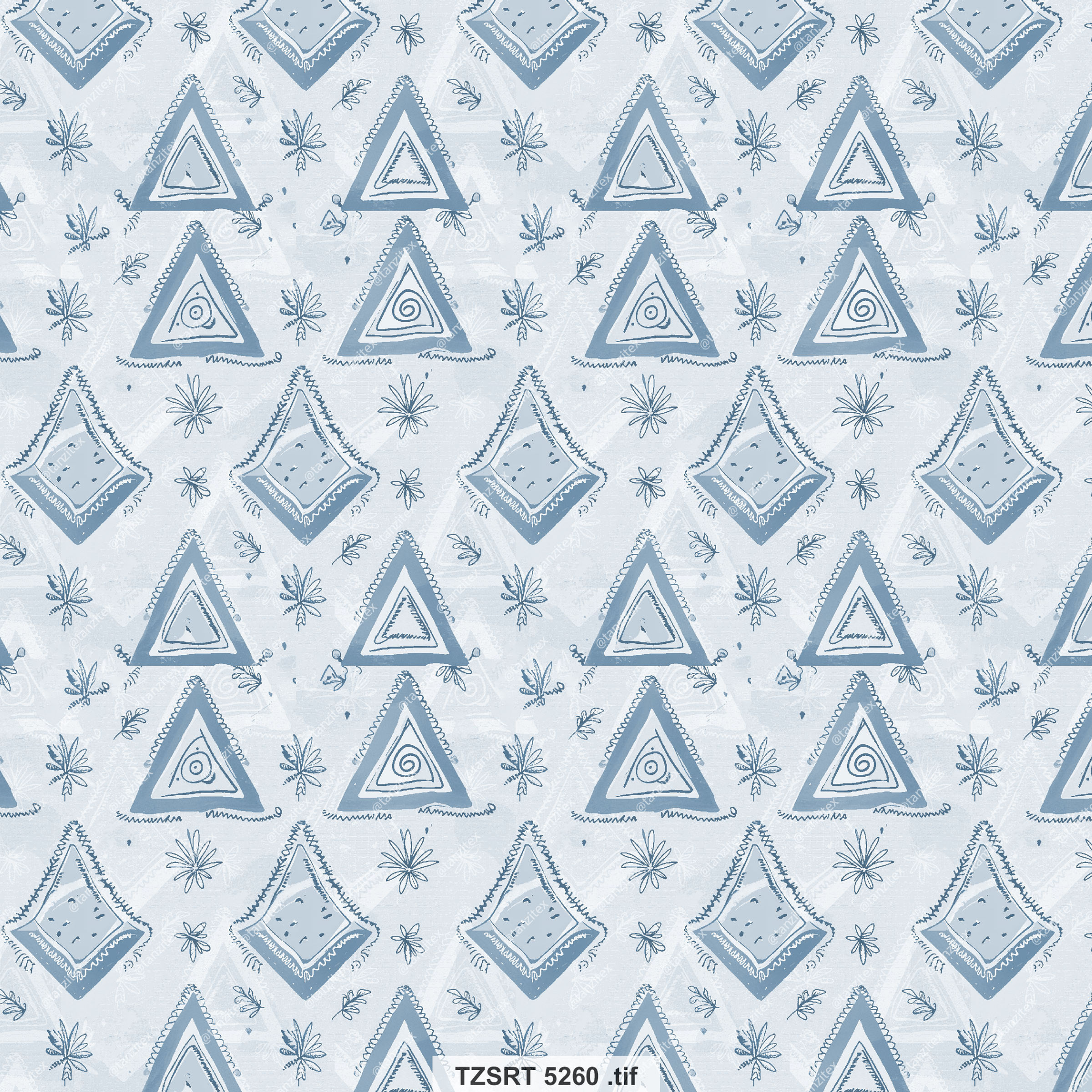 Geometric pattern with blue triangles and diamonds, Tanzitex Studio design.