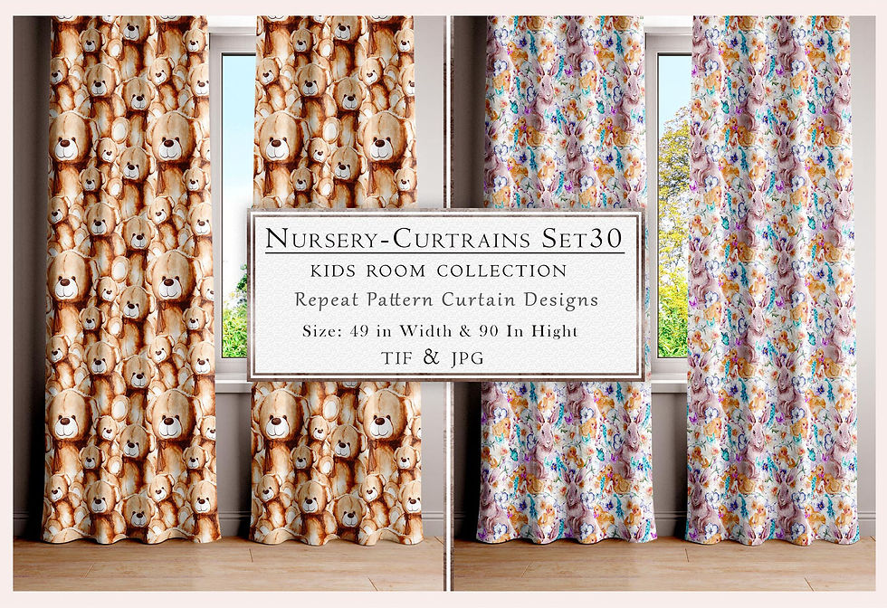 Nursery-Curtains Set30 Kids Room Collection repeat pattern curtain designs, 49 in Width, PDF & JPG