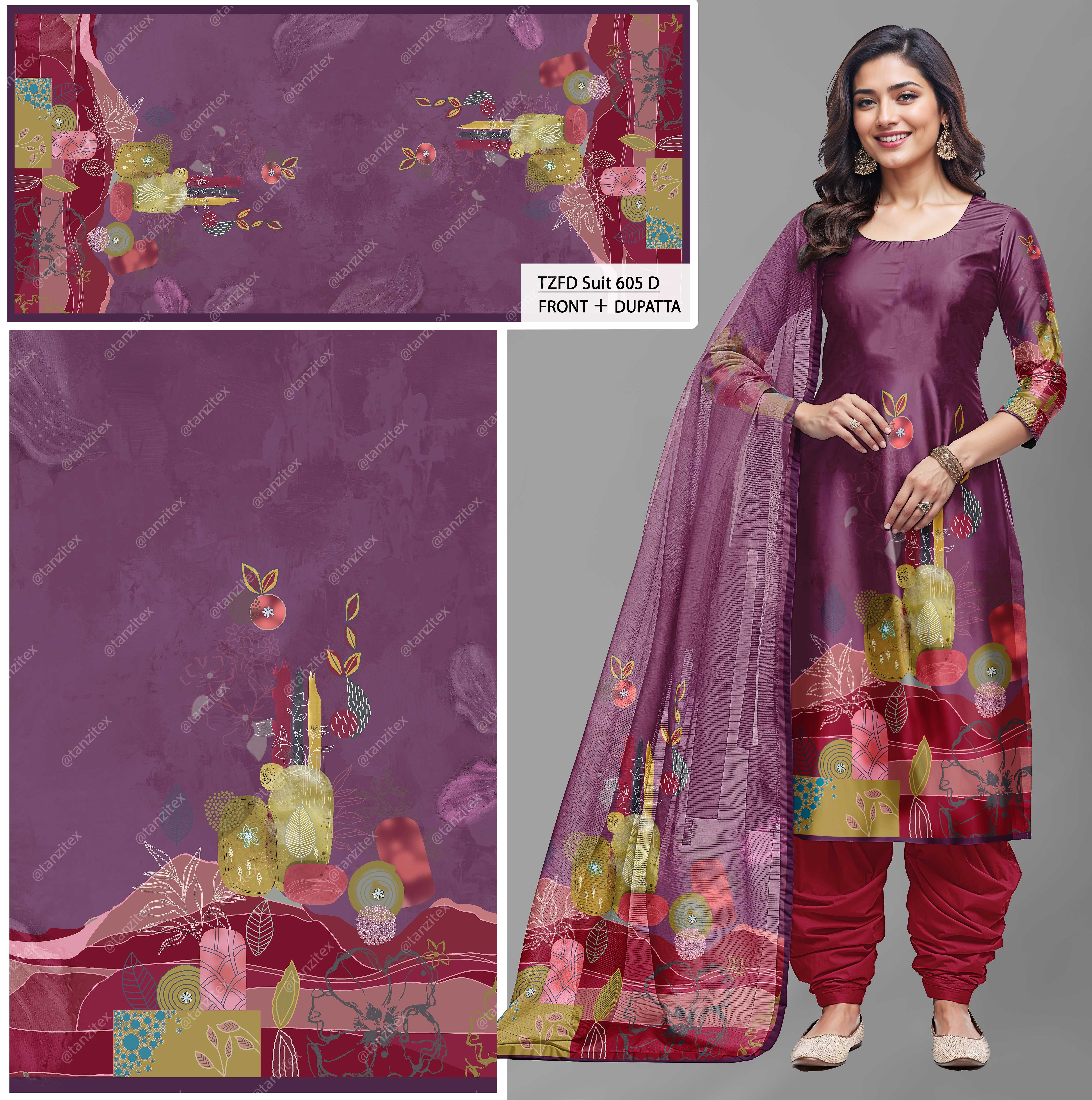 Woman in purple suit with Watercolor Florals on Mustard TZFD Suit 607 D Tanzitex Studio