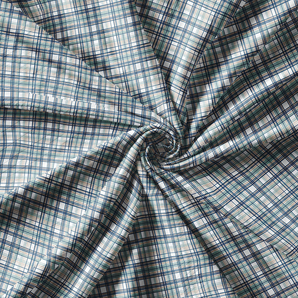 थंबनेल: Swirled fabric with blue and white check pattern, Tanzitex Studio.