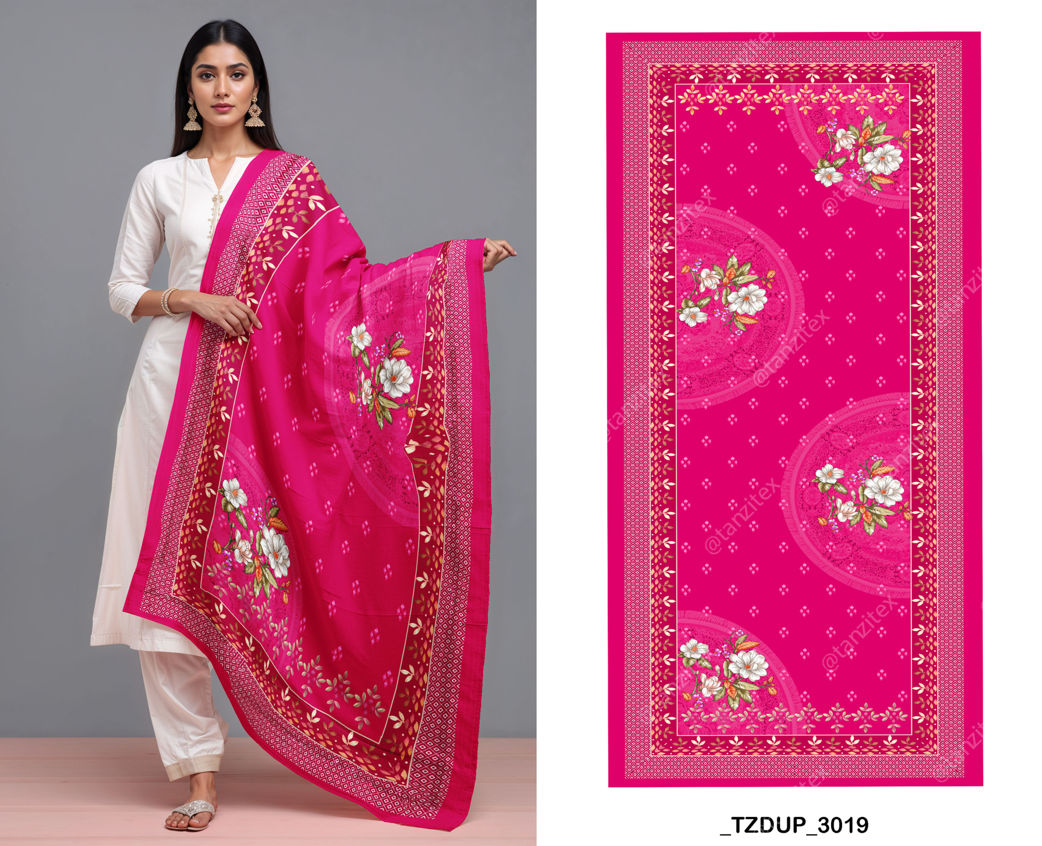 Hot Pink Lotus Floral Dupatta Digital Design TZDUP 3028