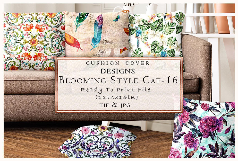 Cushion cover designs with Blooming Style CAT-16 text and floral patterns. Tanzitex Studio
