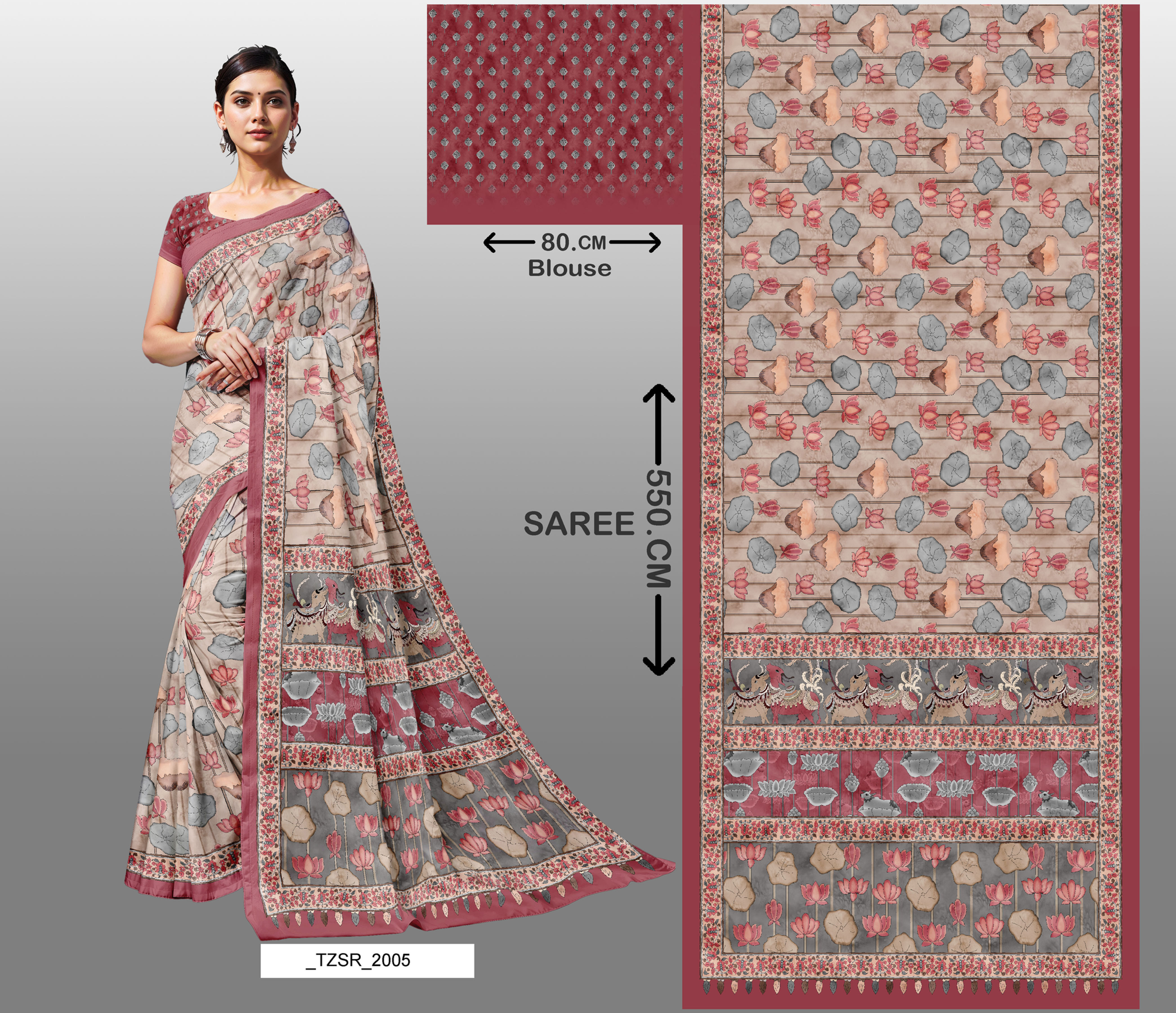 Woman in saree, with blouse, text, and 550 cm length Tanzitex Studio