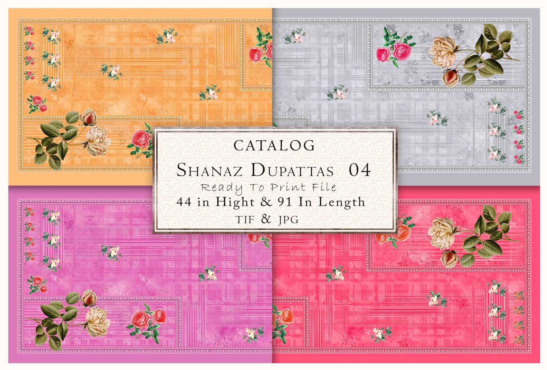 Colorful fabric with floral patterns, CATALOG SHANAZ DUPATTAS 04, 44 in High & 91 in Length.
