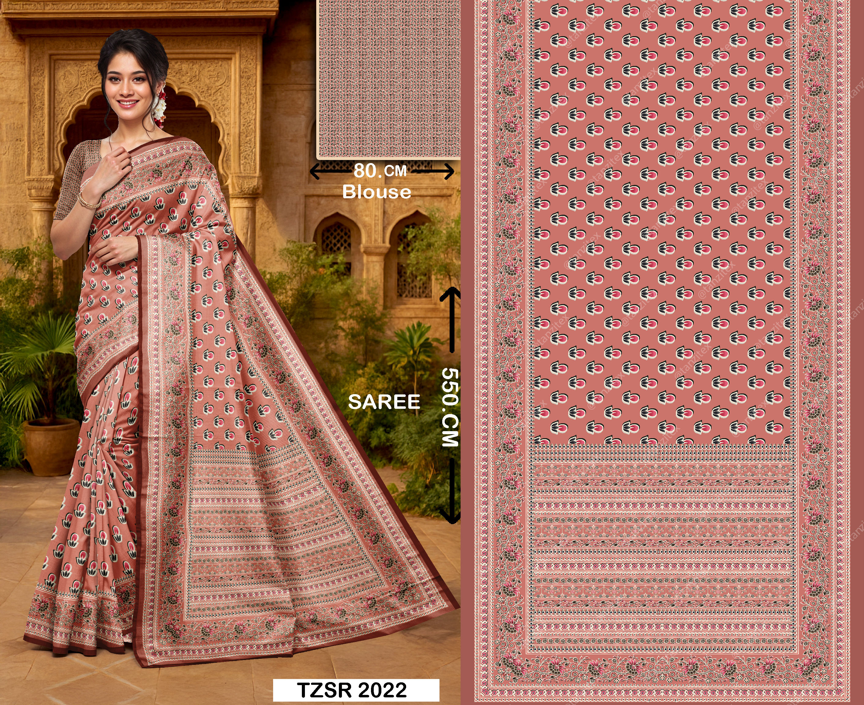 Peach Mughal Floral Digital Saree Design TZSR 2022