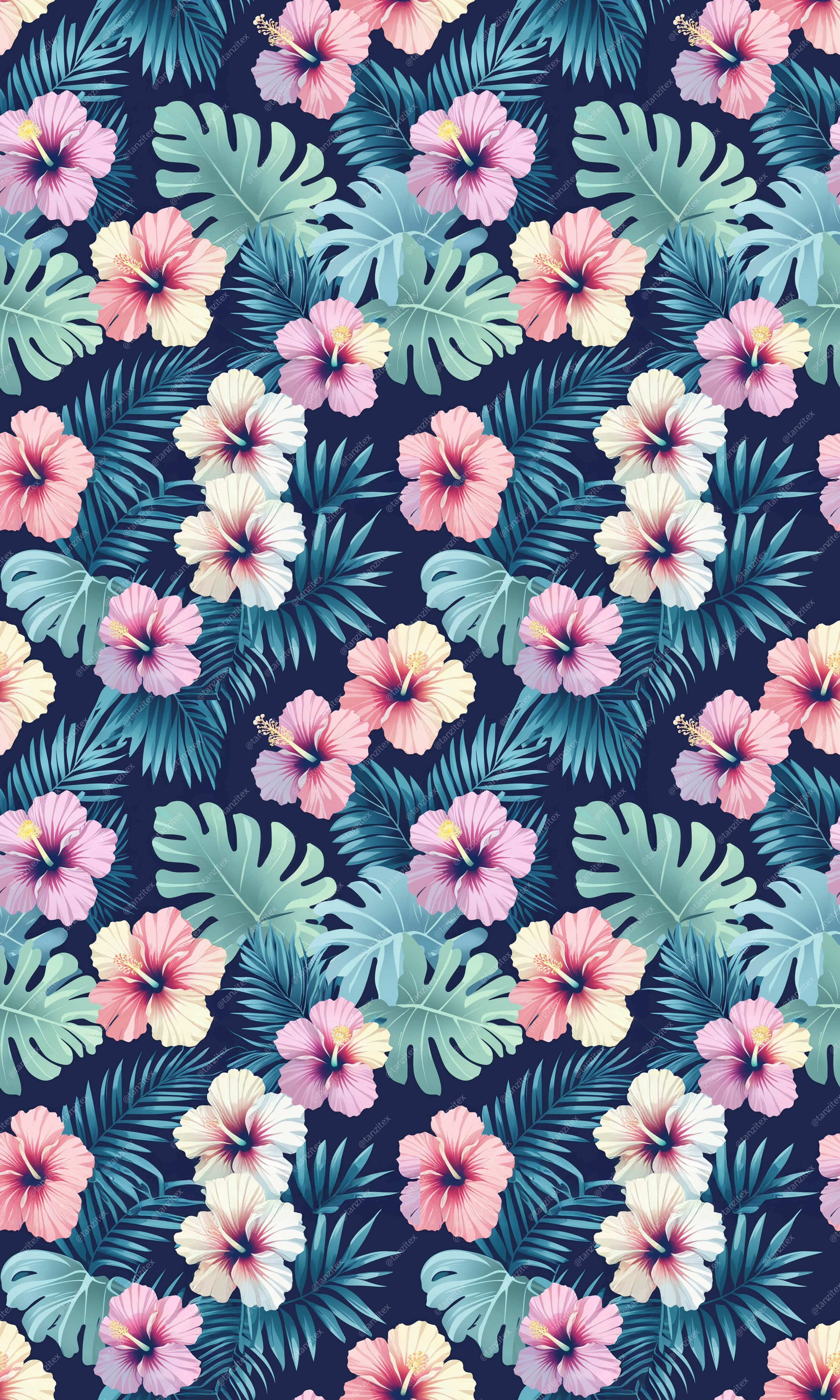 Floral pattern with pink and yellow flowers, green leaves, and blue background.