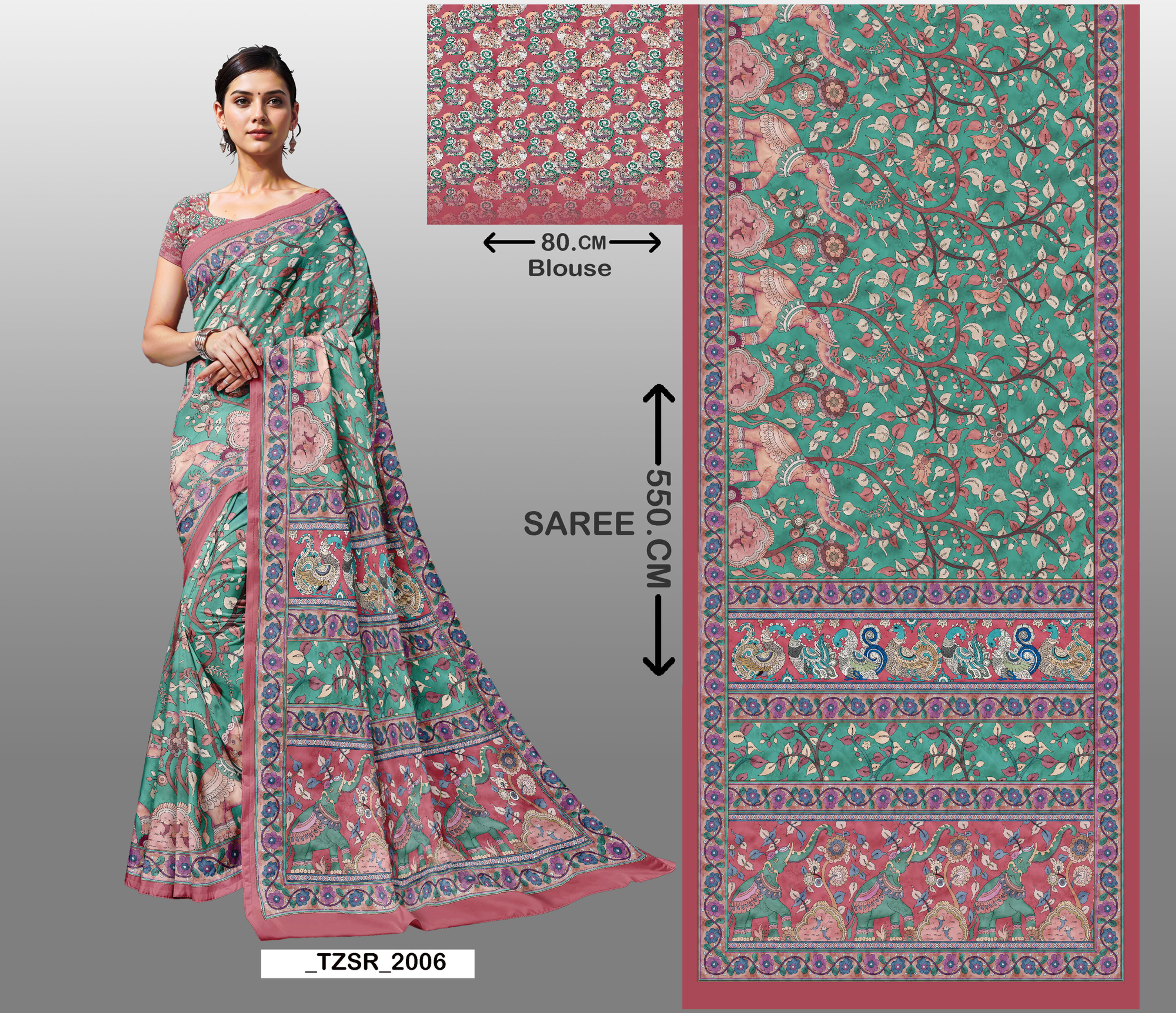 Woman wearing saree with floral print. Saree, Blouse, and dimensions. TZ 26 2048.