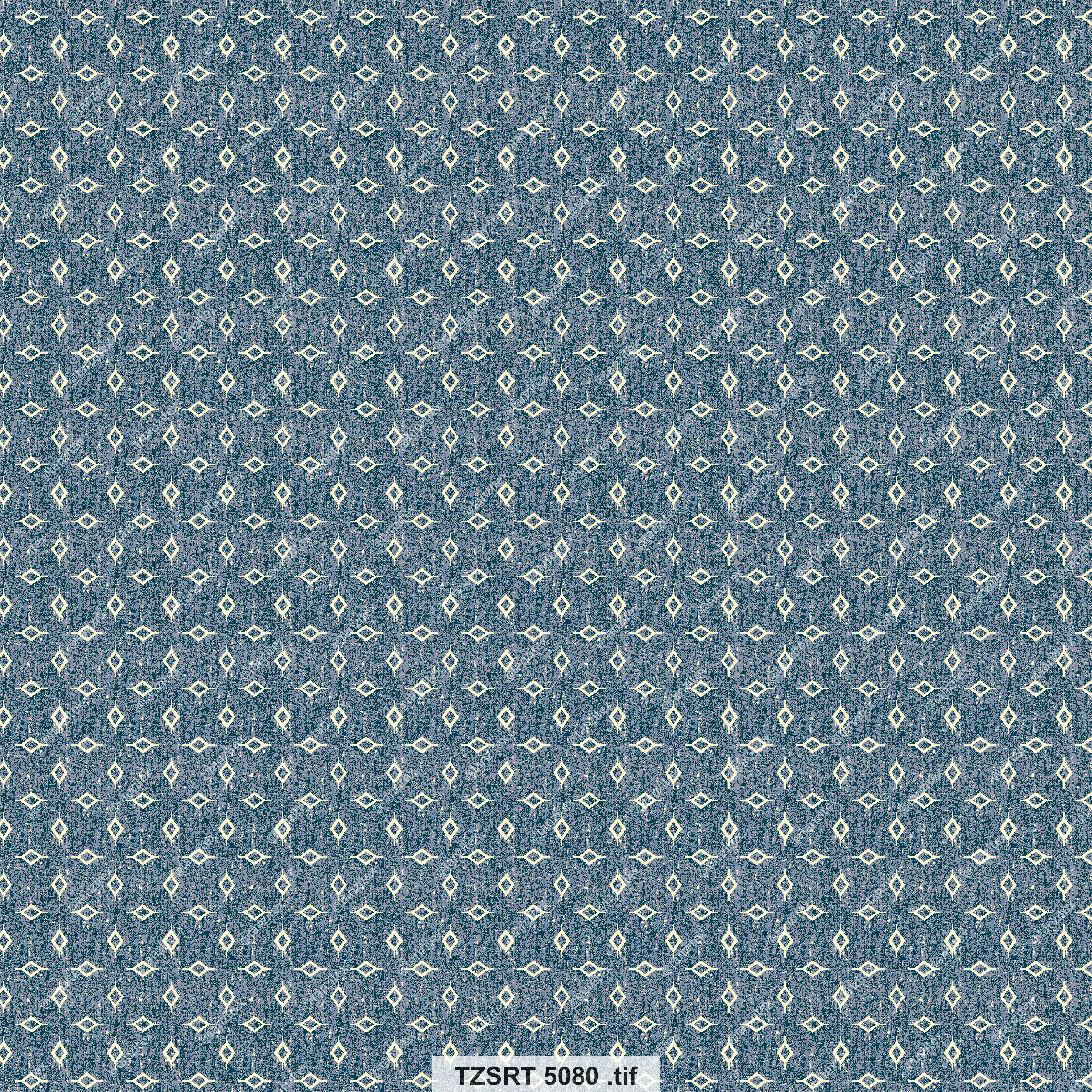 Geometric pattern in blue with text 12387 5000 mt Tanzitex Studio