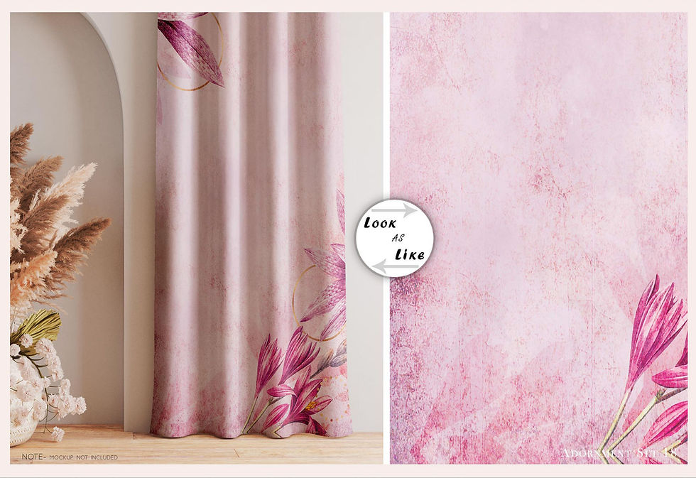Thumbnail: Pink curtain panel with floral print next to pink abstract art. Even or Else.
