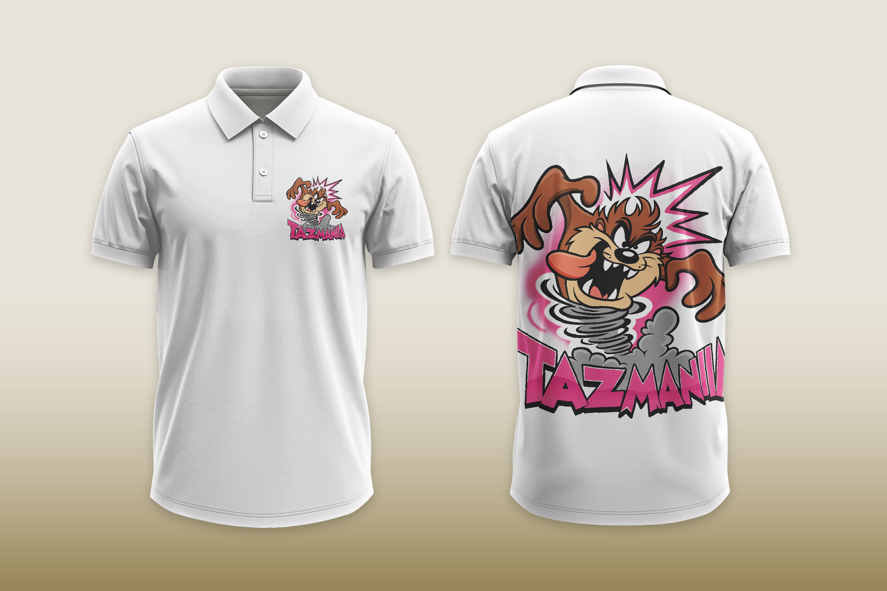White polo shirt with Tazmanian Devil print, front and back design.
