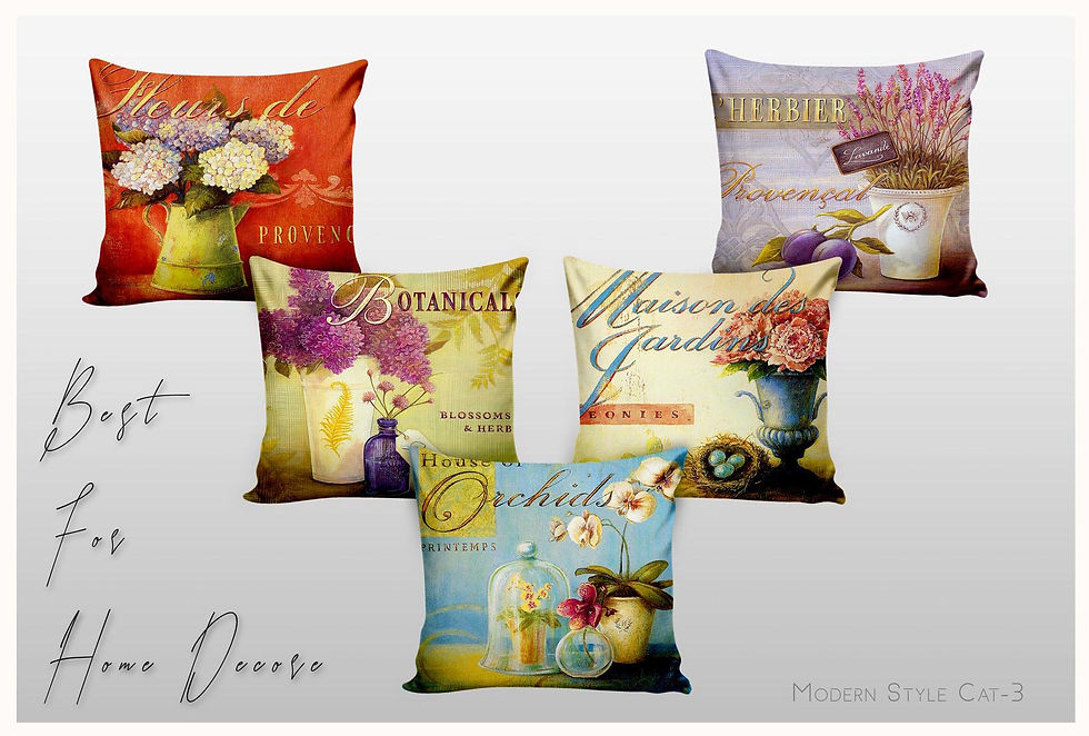 Five floral print pillows with text. Cushion Cover Designs – Modern Style Cat-34 TZCC 1032. Tanzitex Studio