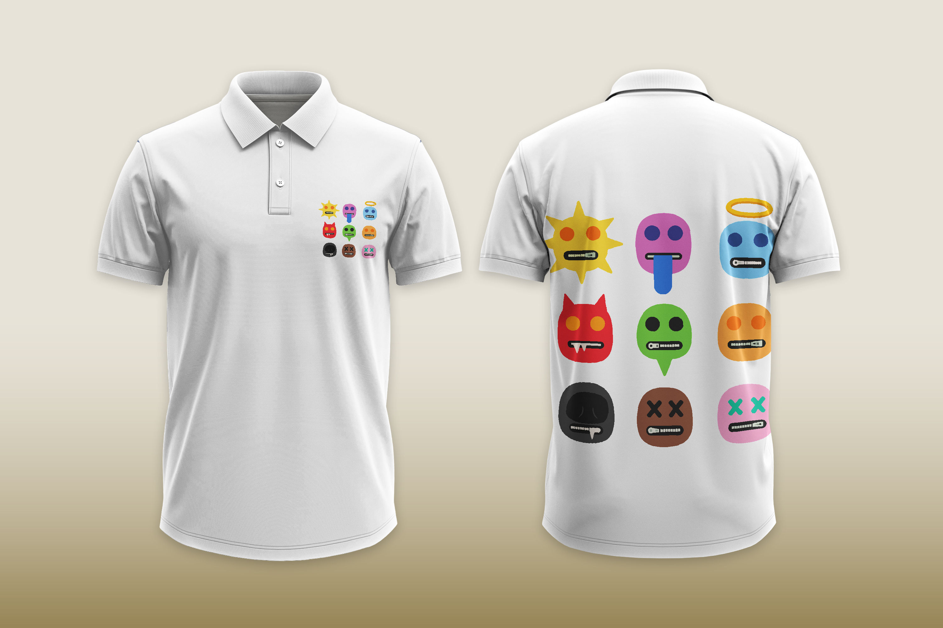 White polo shirt with colorful cartoon faces front and back design.