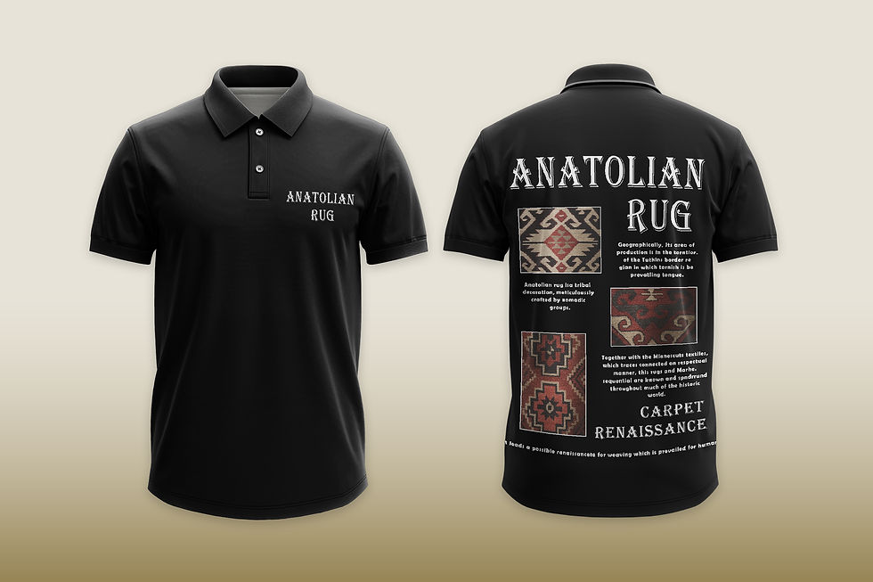 Black Anatolian Rug polo shirt with text and carpet patterns, Tanzitex Studio.