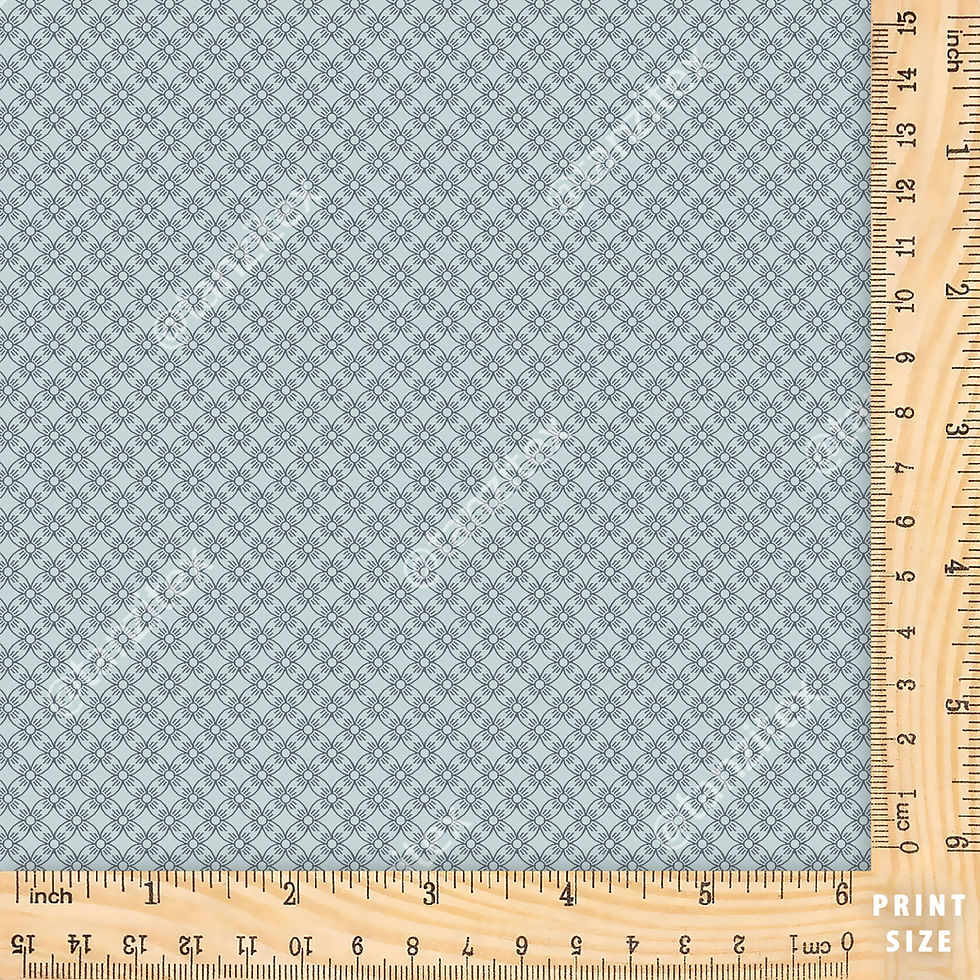 Geometric blue pattern fabric detailed with a ruler, Tanzitex Studio.